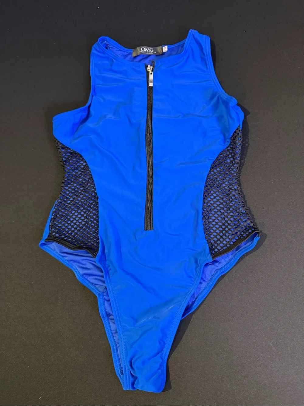Miami Swim Royal Blue Zip-Front One-Piece with Black Mesh Accents
